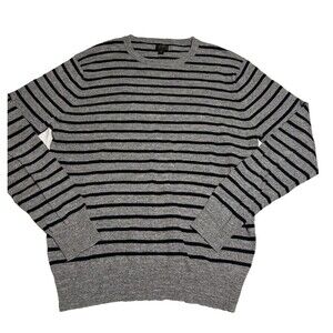 J Crew Sweater Mens Grey/Navy Blue Striped Cotton Knit Crewneck Pullover Sz M